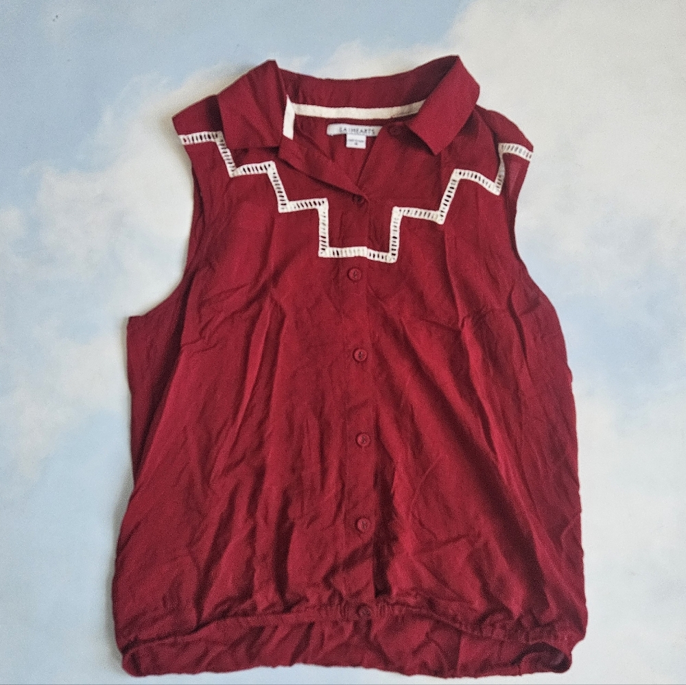 Red Sleeveless Blouse with Embroidered Detail Southwestern Button Down Top